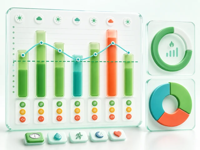 Seven-day calorie bars, macro balance, and weight trend analytics