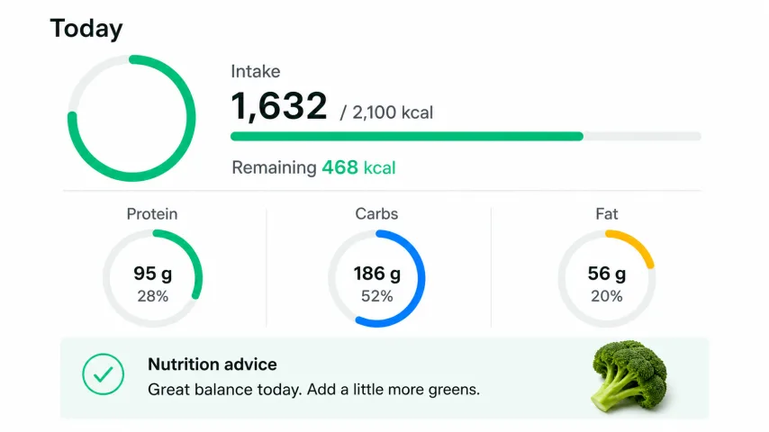 Daily calorie and nutrition advice interface in English