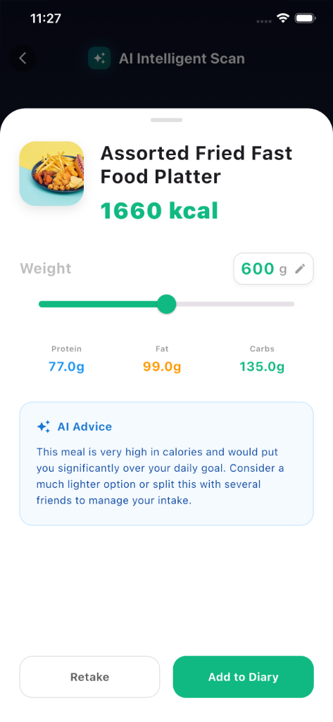 AI food scanner identifying ingredients and calculating calories instantly